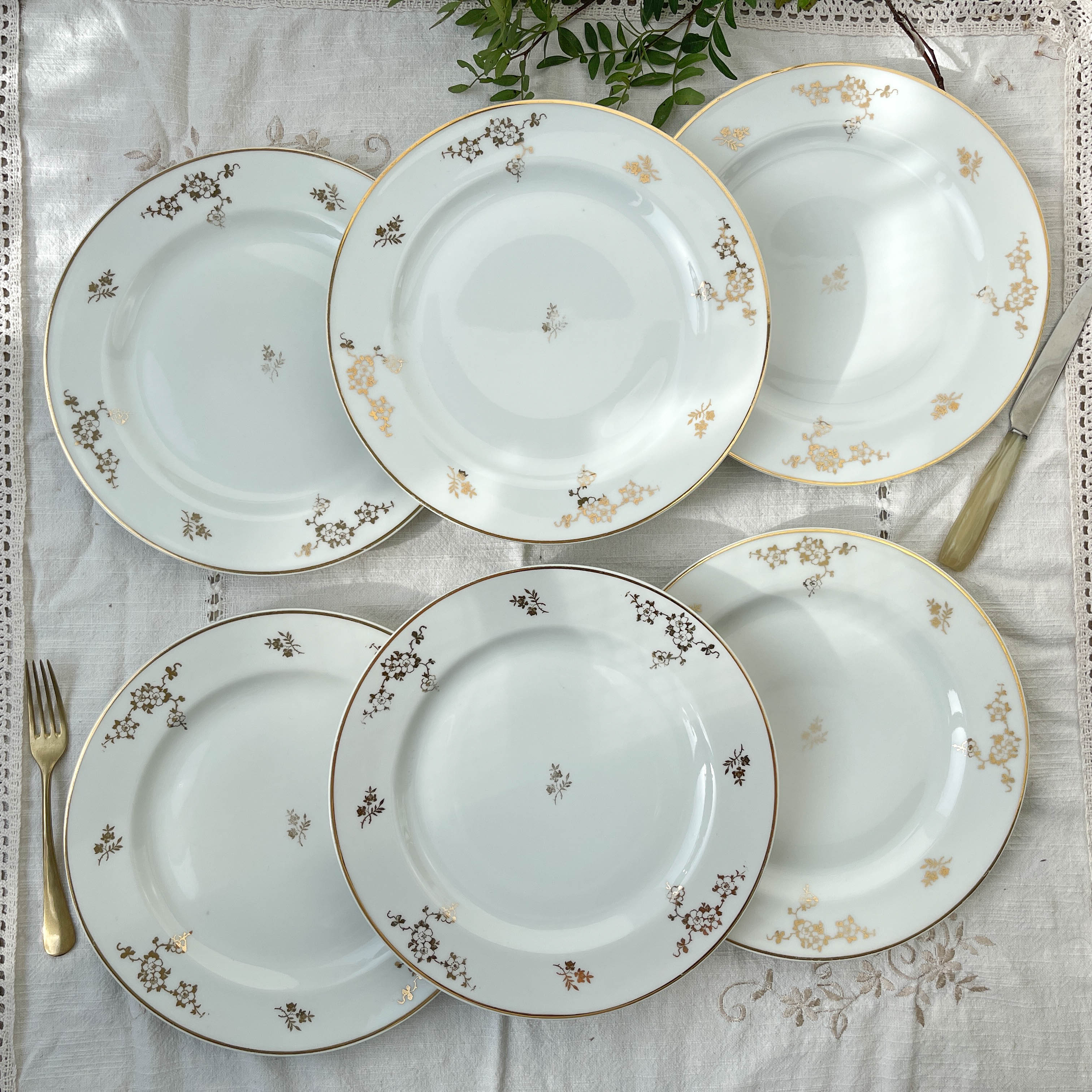 6 flat plates porcelain Limoges golden white