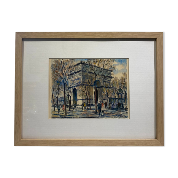 Tableau ancien , aquarelle de l´arc de triomphe signée , XX siècle
