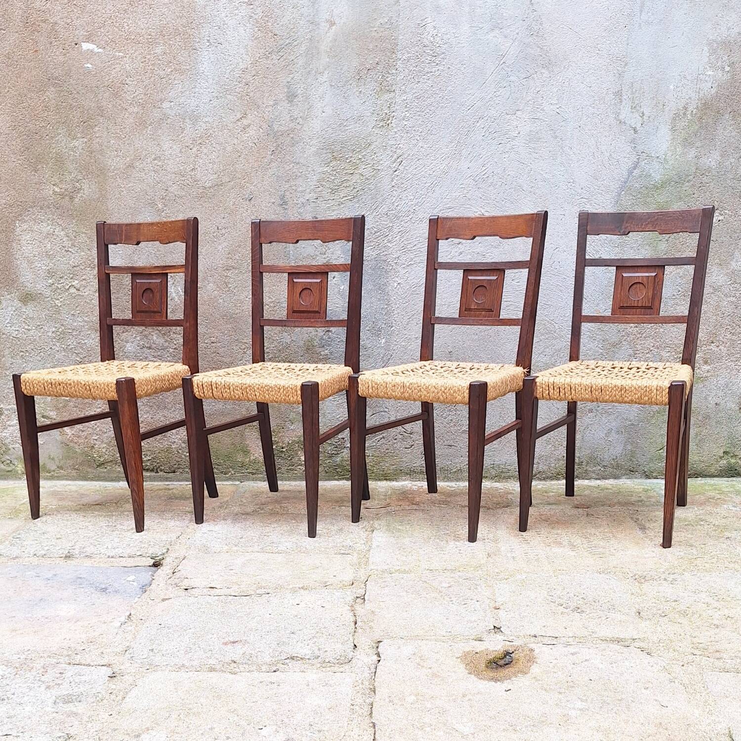 Set of 4 oak and rope chairs