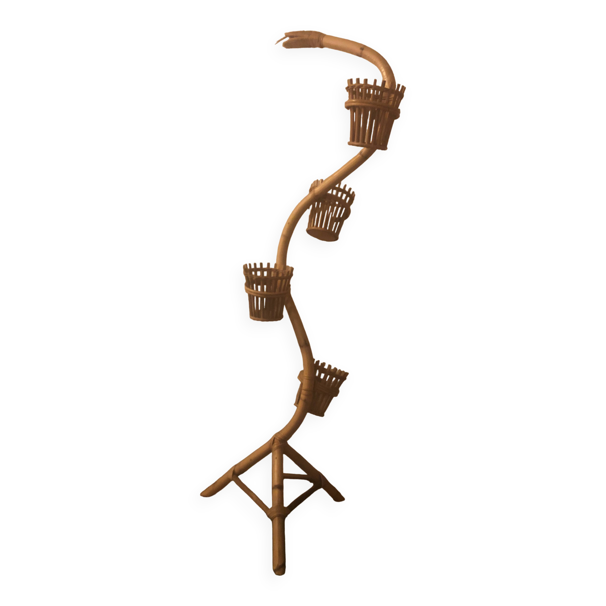Porte plante serpent vintage années 60 osier bambou rotin