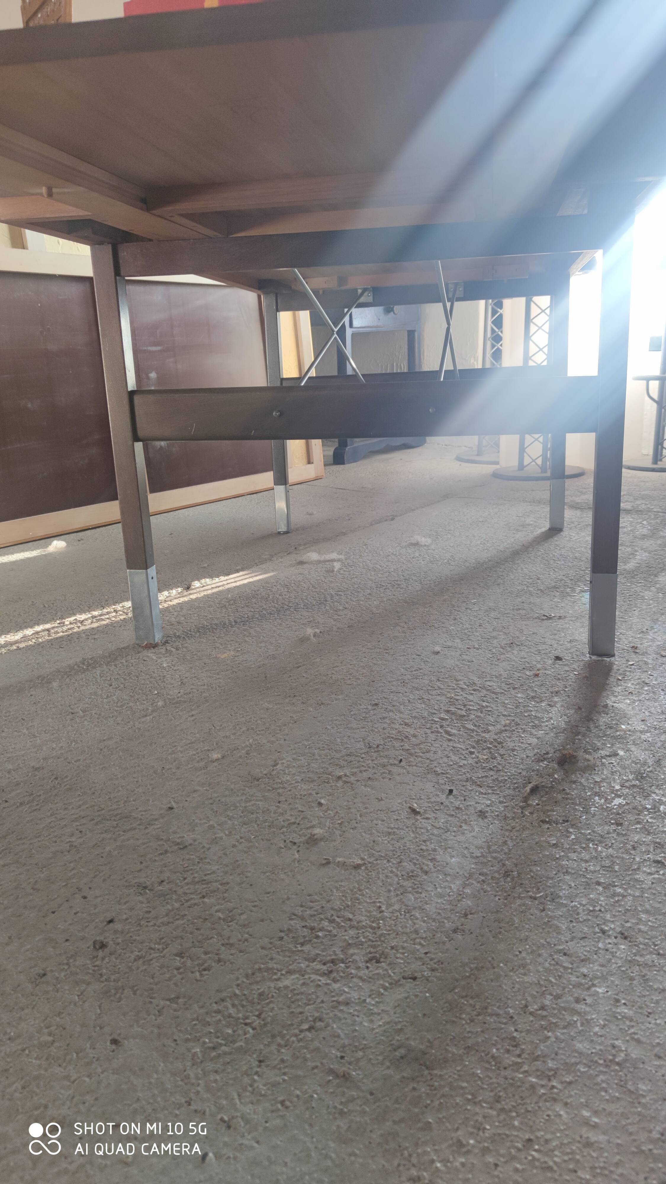Extendable dining table in walnut, mahogany and chrome, circa 1960