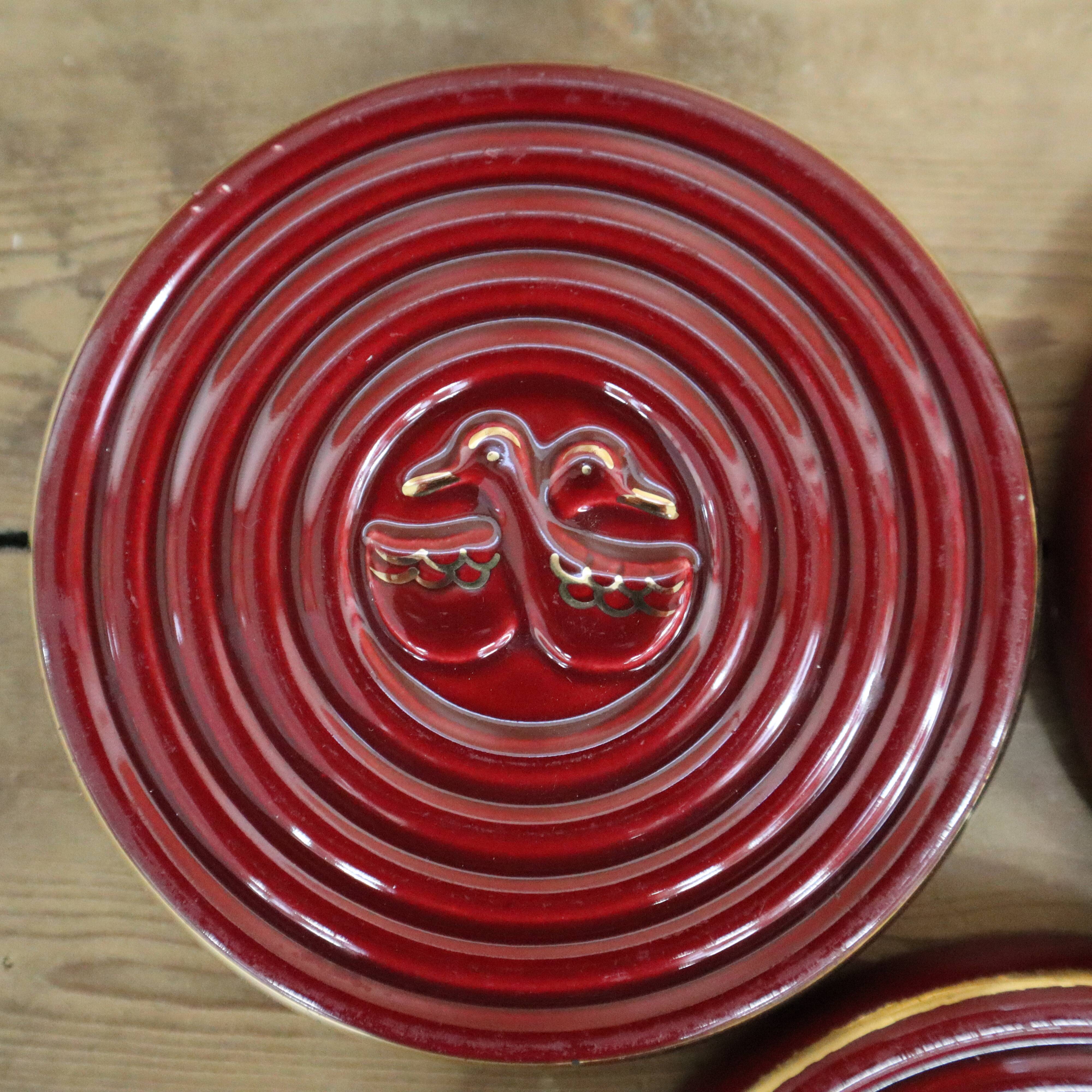3 small vintage burgundy duck coasters or glasses with gold edging