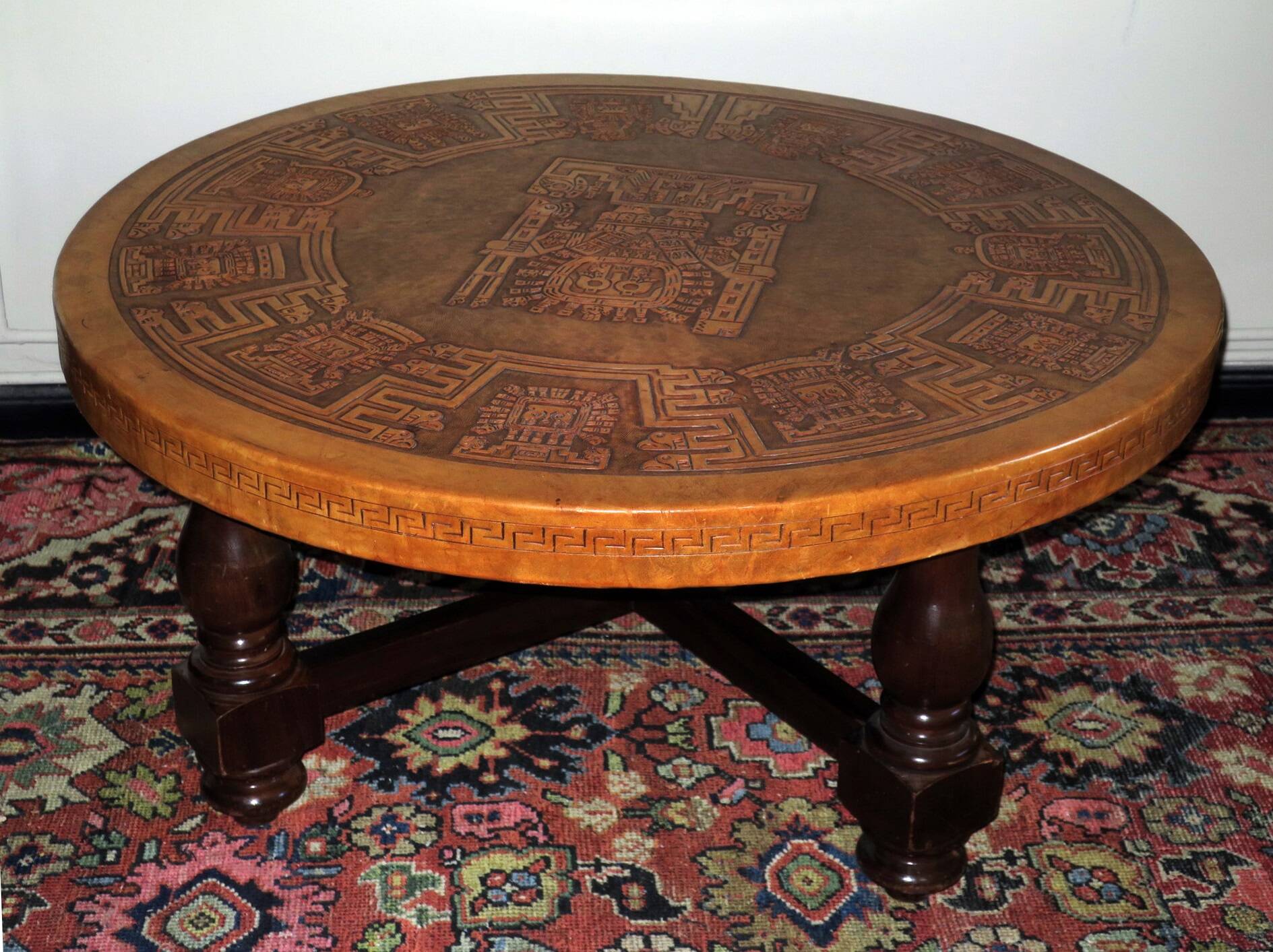 Inca design  leather top coffee table, Angel Pazmino, Ecuador 1970s