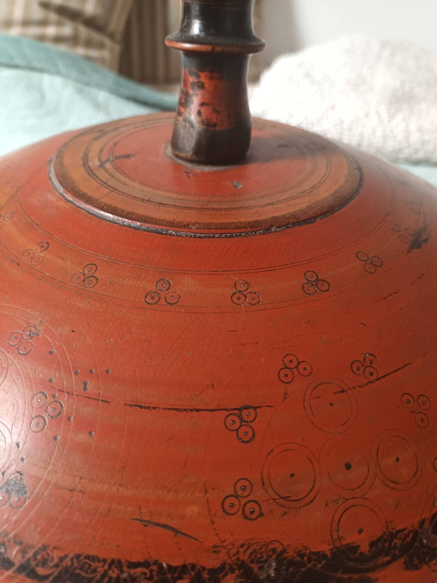 Large antique lacquered wooden Chapati box, ethnic offering box 35cm