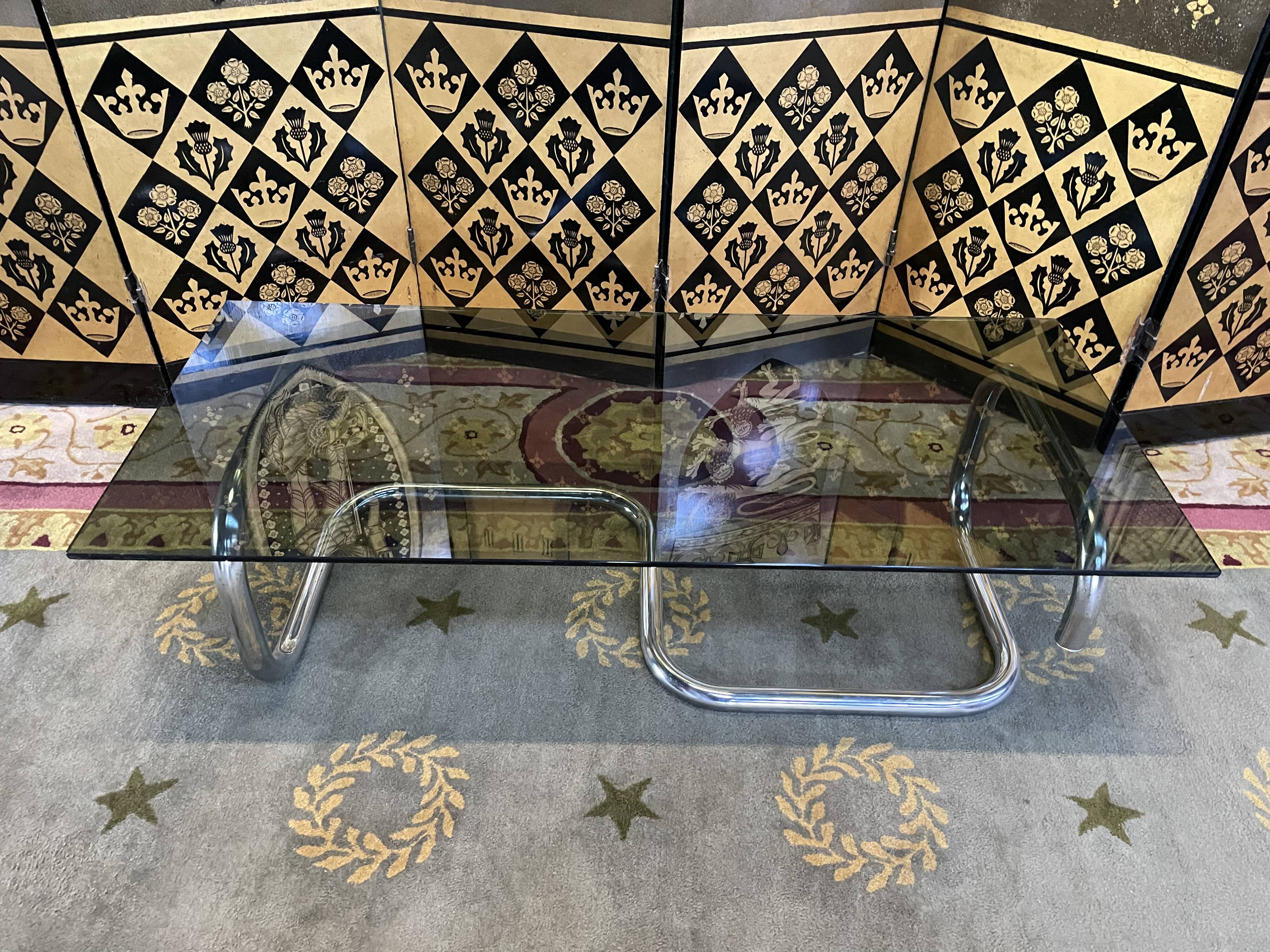 1970 chrome and smoked glass coffee table