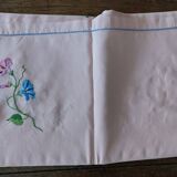 Antique pink cotton tablecloth with embroidered multicolored flowers