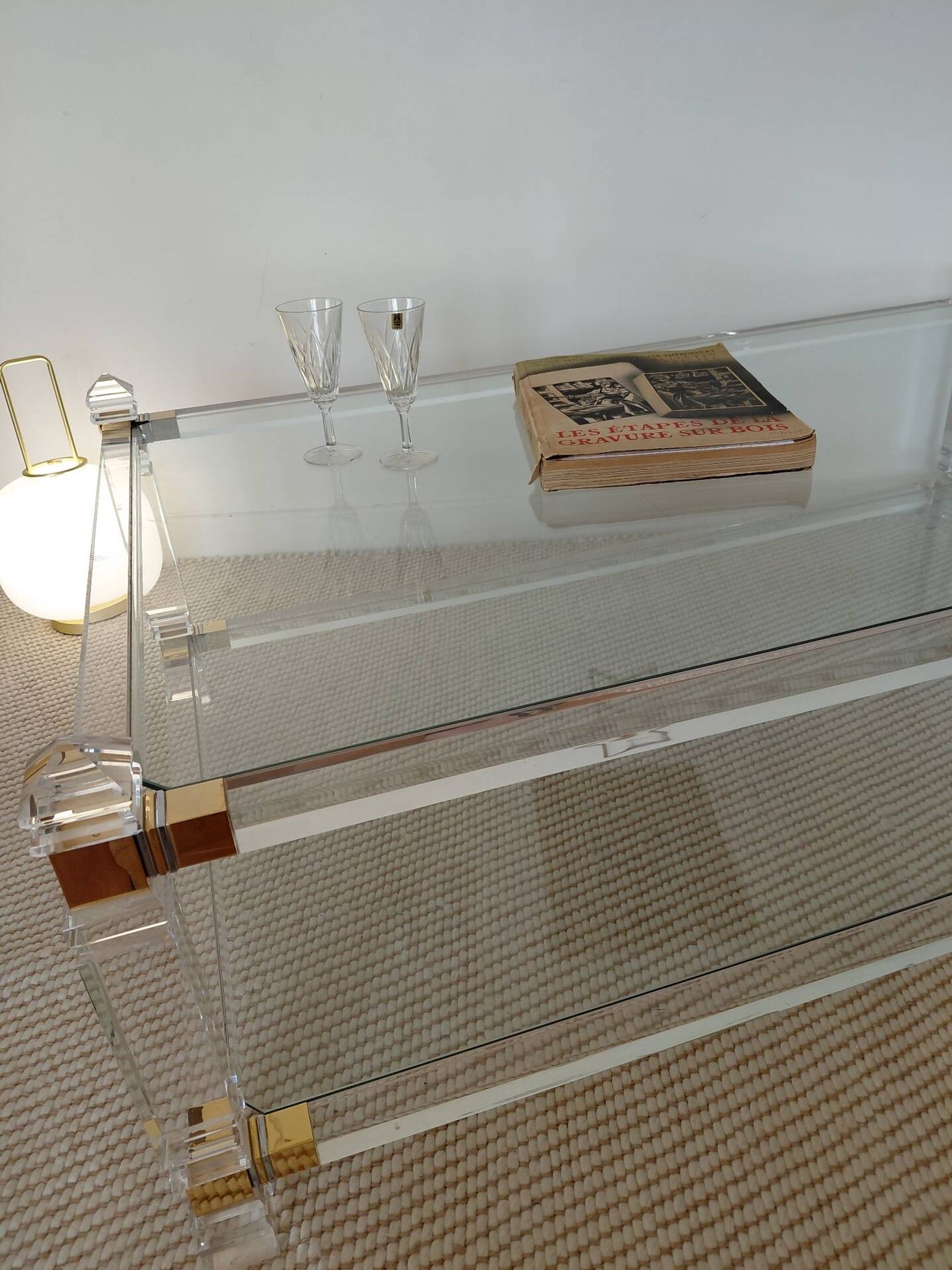 Large Hollywood Regency coffee table Lucite Brass double top 70s