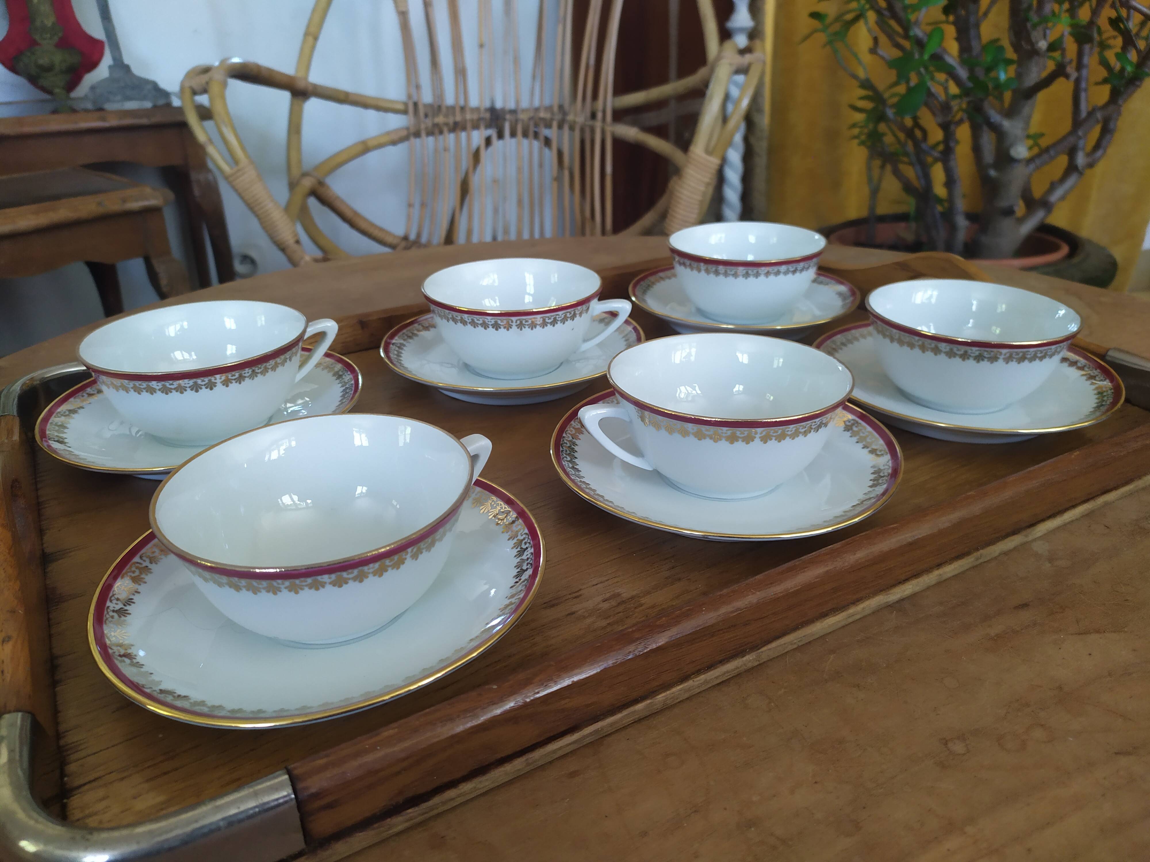 6 Pillivuyt pink and gold porcelain coffee cups