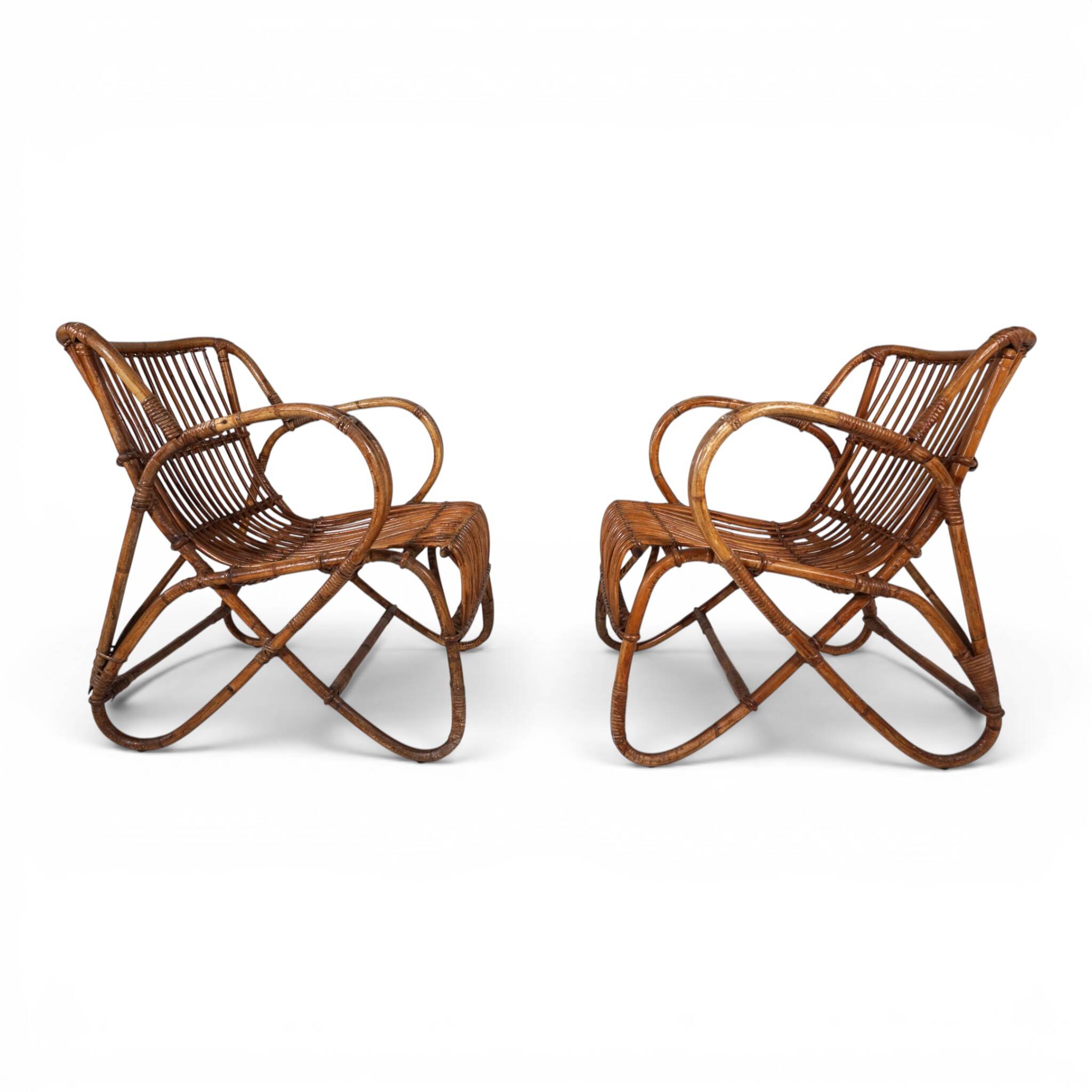 French Pair Vintage Rattan Bamboo Lounge Chairs, 1960