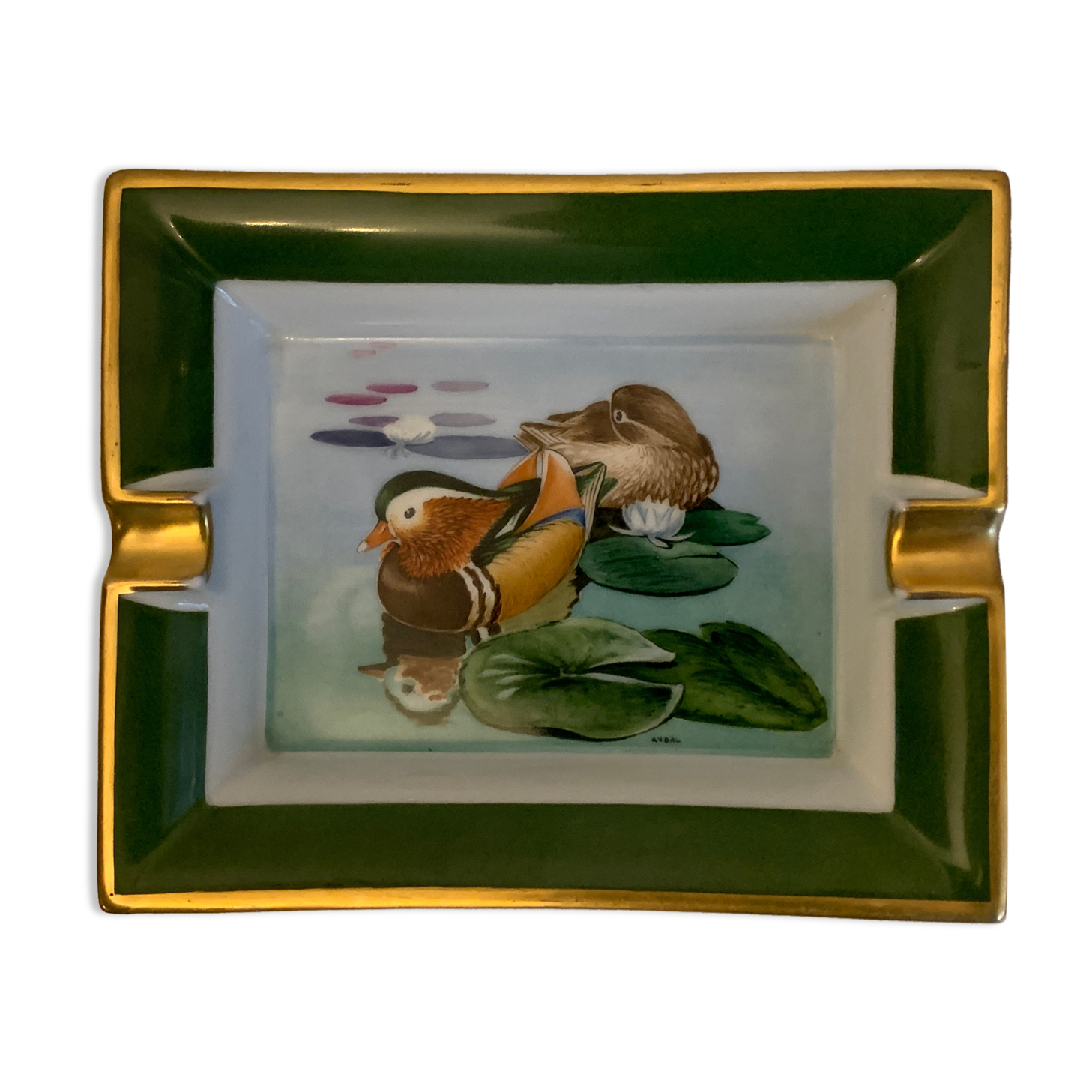 Hermès ashtray signed Rybal in fine Limoges porcelain decorated with mandarin ducks