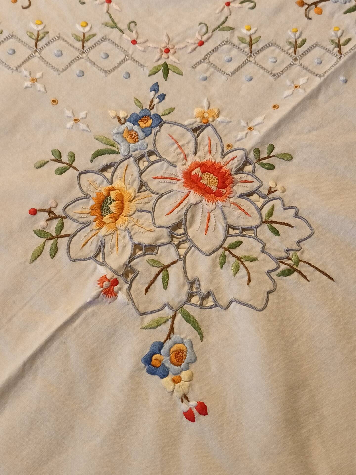Large old embroidered and openwork tablecloth and 8 napkins.