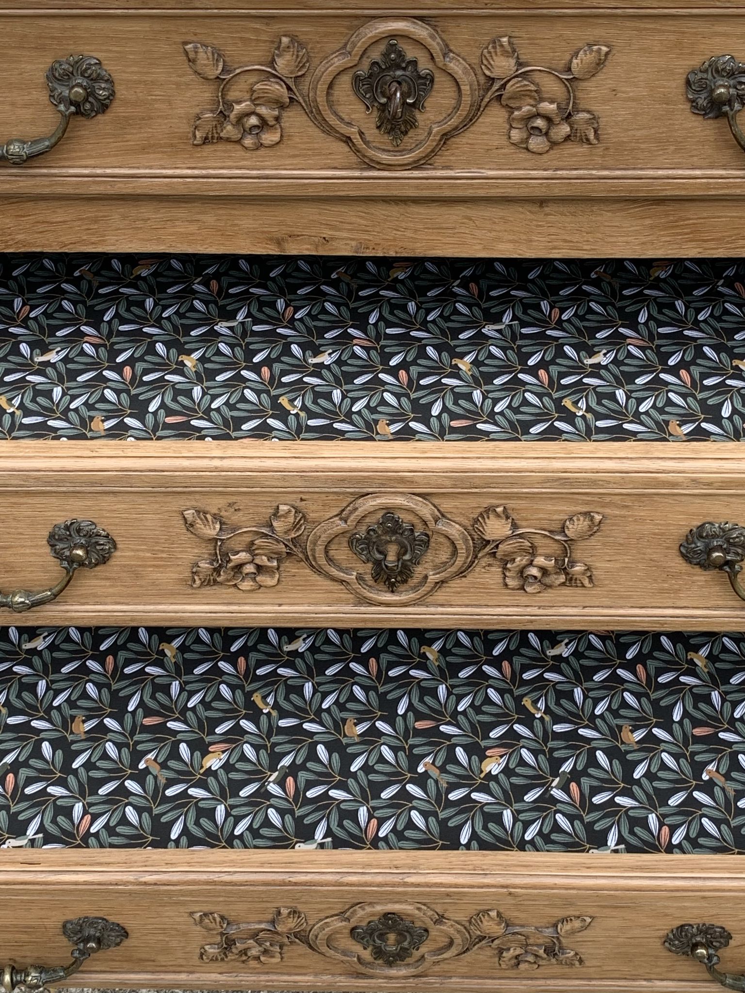 Louis XV style chest of drawers, solid raw oak, 1920.