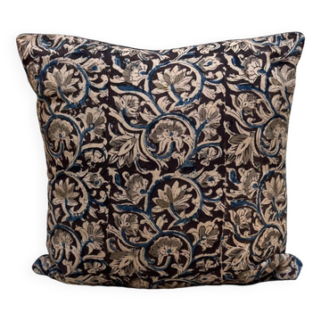 Coussin indien coton block print motif “fleurs” - bleu indigo