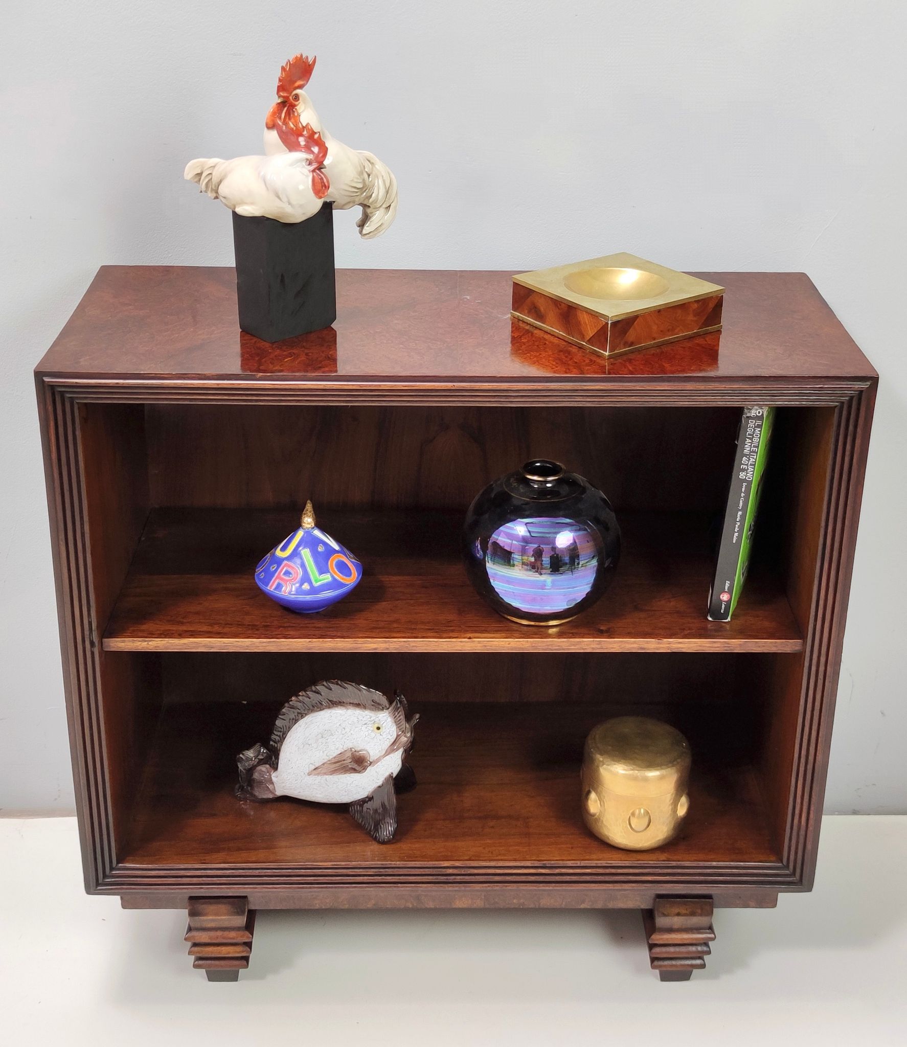 Vintage small walnut and birch root art deco bookcase, italy