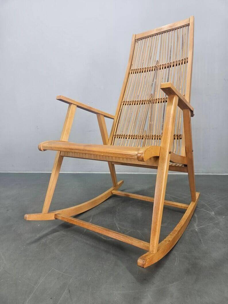 Rare Midcentury Wood and Rattan Rocking Chair, Denmark, 1960s