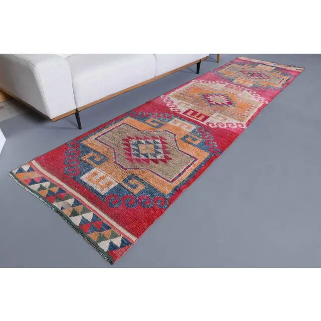 Vintage Turkish Hand-Knotted Wool Cotton Pink Runner Rug 94x358