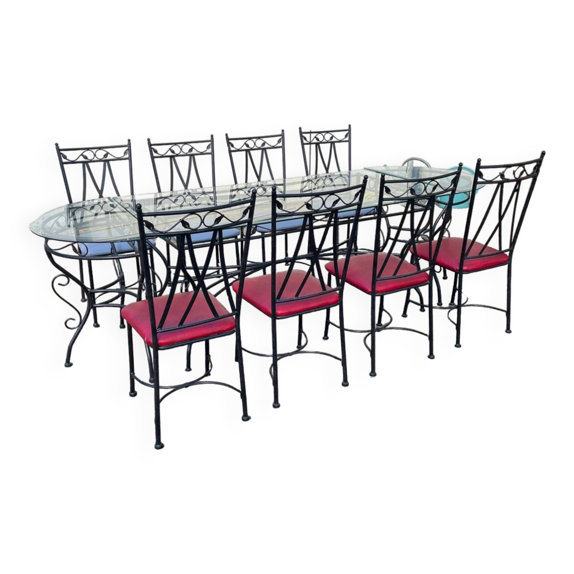 Glass and iron table with two side tables and 8 chairs