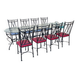 Glass and iron table with two side tables and 8 chairs