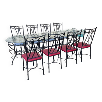 Table en verre et fer avec deux guéridons et 8 chaises