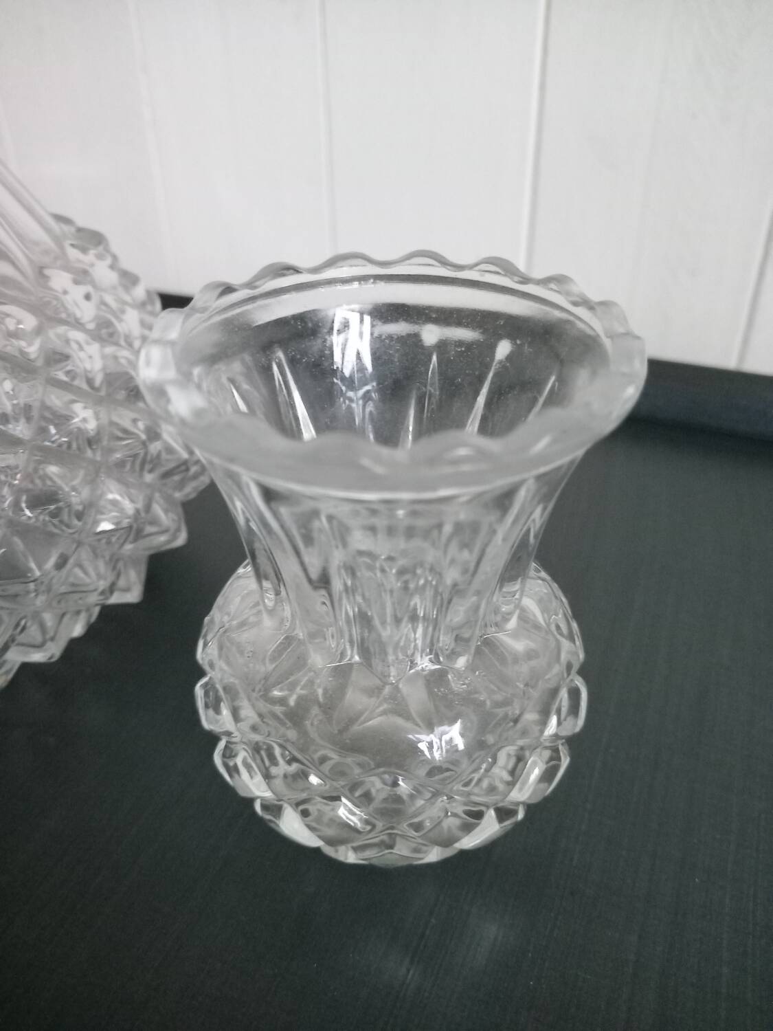 Diamond cut carafe and small vase