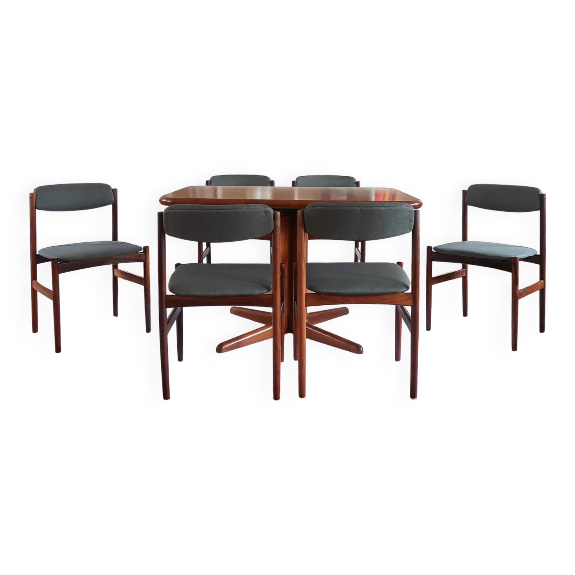 6 Scandinavian chairs in rosewood, with green-grey seats.