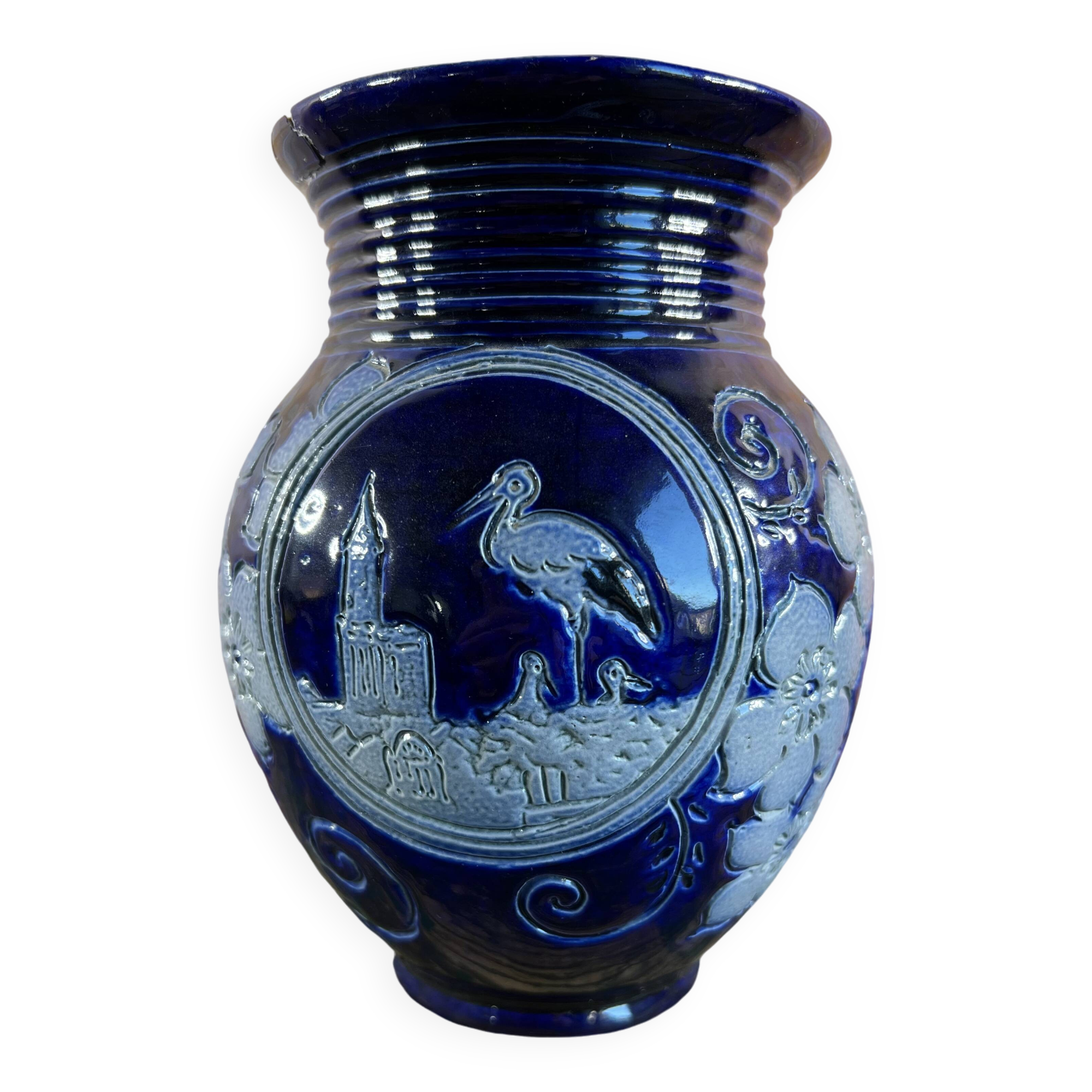 Antique Betschdorf stoneware vase Alsace stork decoration