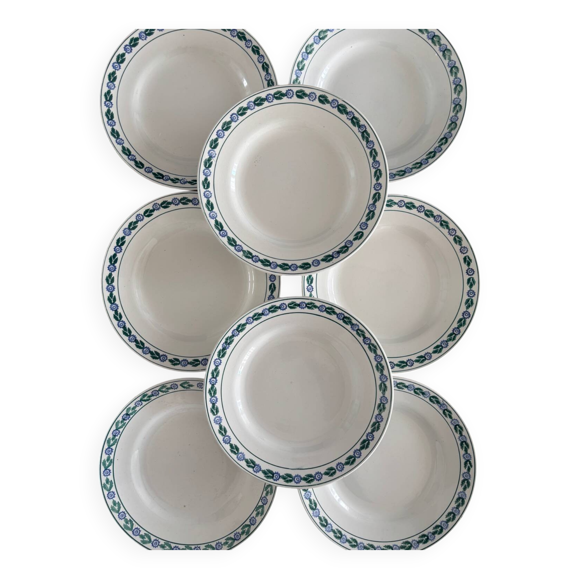 Set of 8 vintage dinner plates - St Amand earthenware, blue floral pattern and