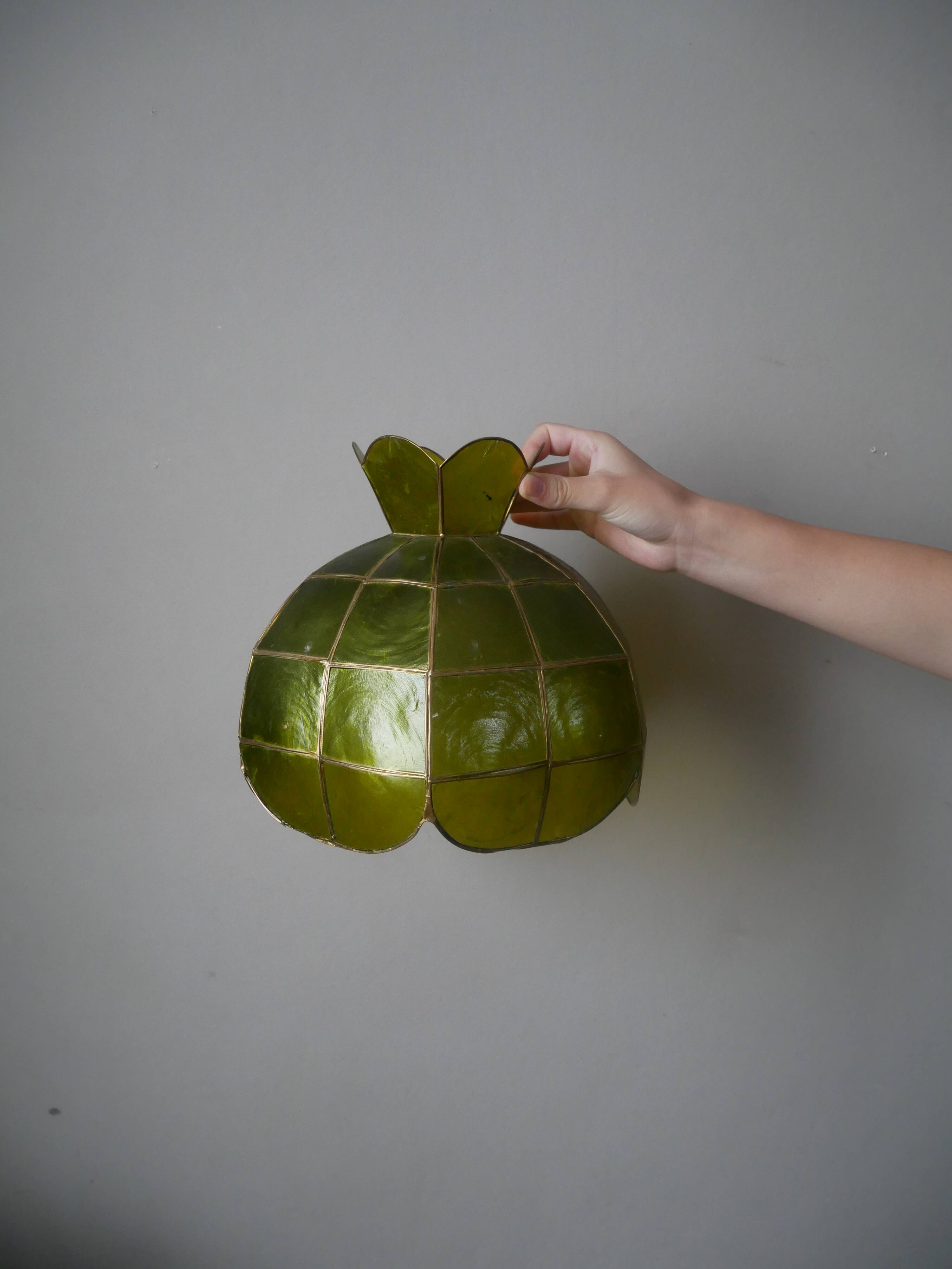 Vintage green and gold mother-of-pearl and brass pendant lampshade, bohemian country decoration