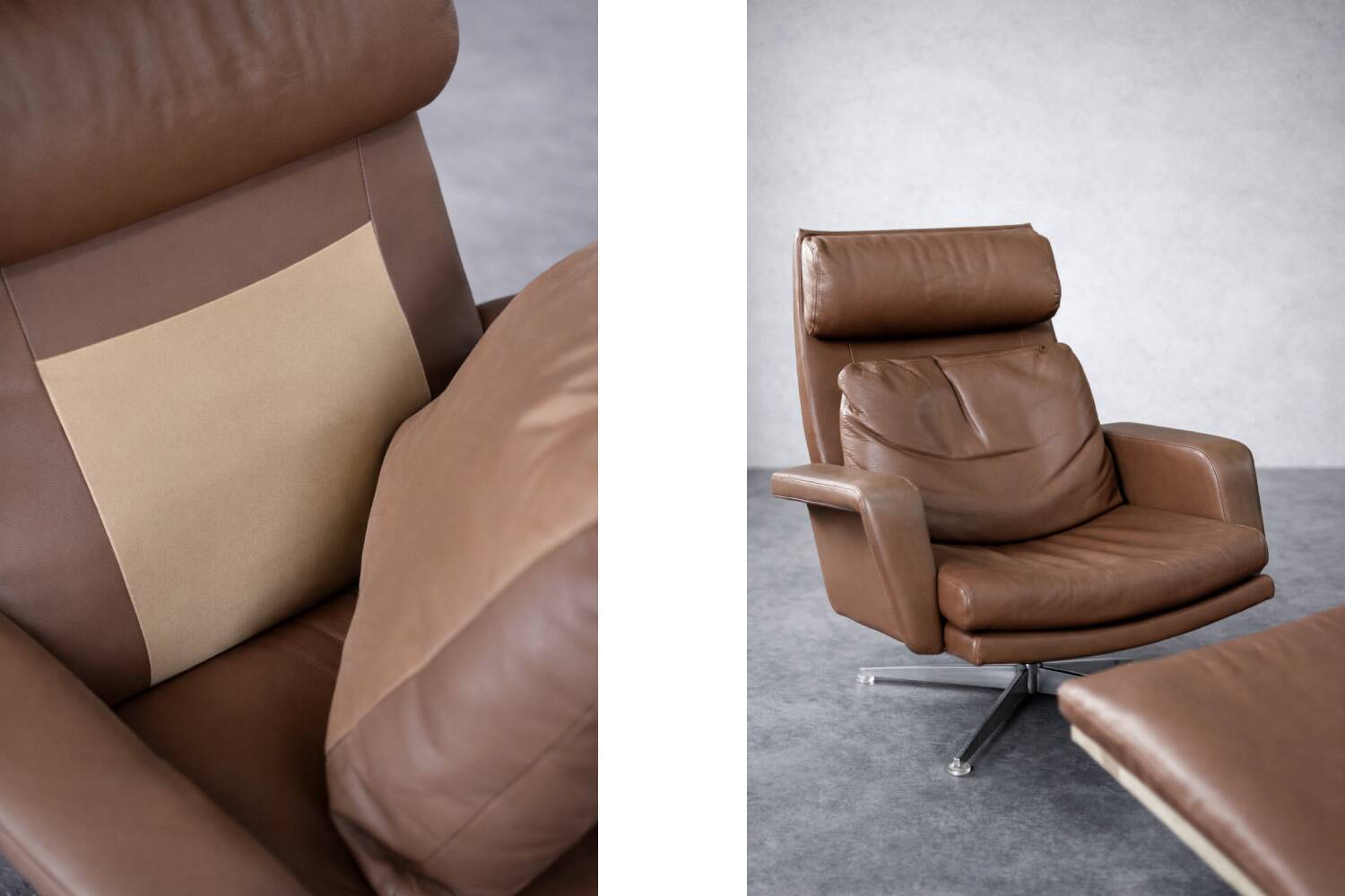 Vintage Mid-Century Danish Modern Brown Leather Swivel Chair and Ottoman