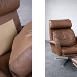 Vintage Mid-Century Danish Modern Brown Leather Swivel Chair and Ottoman