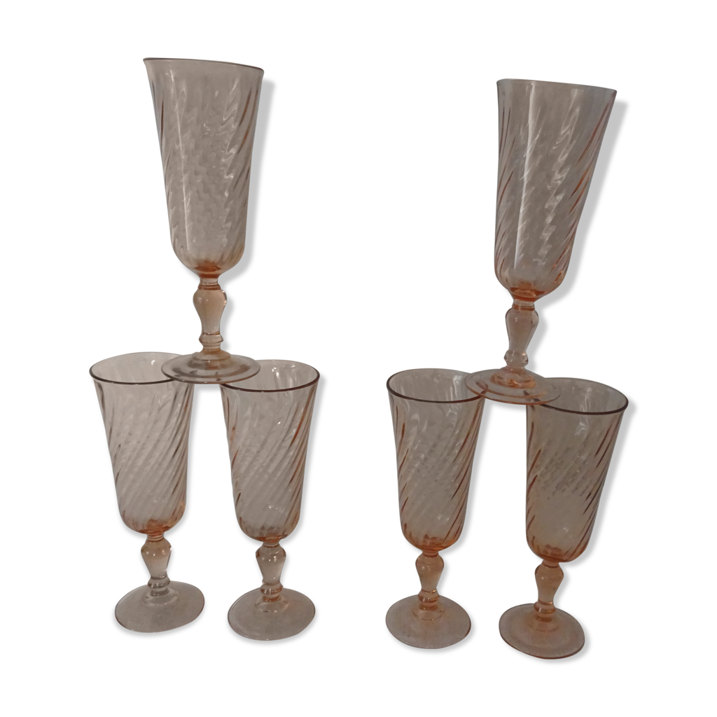 6 flutes champagne rosaline verre à pied rose torsadé arcoroc Selency