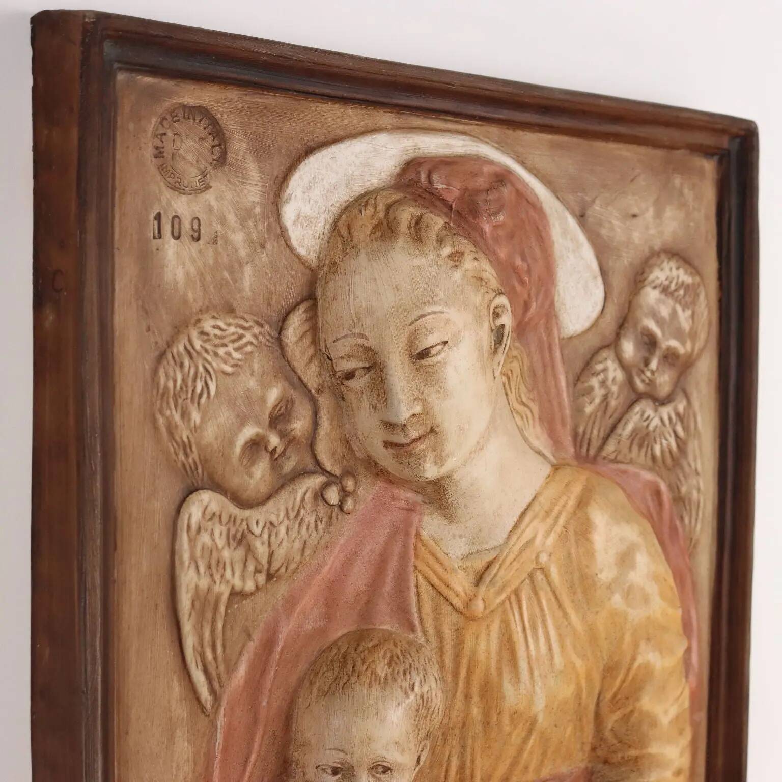 Ancient sculpture of the Virgin Mary Italy '900 bas-relief painting in plaster