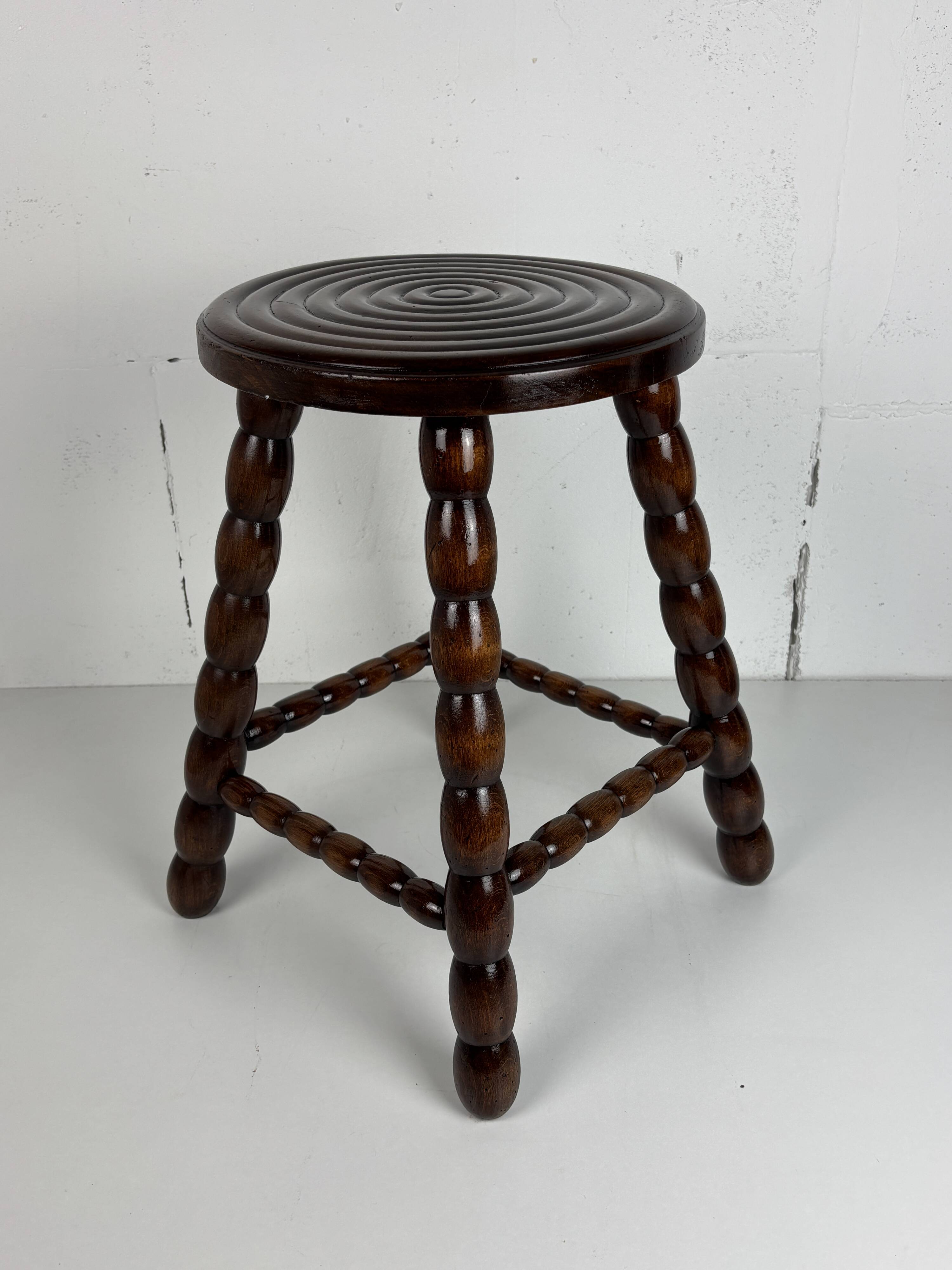 Midcentury bobbin wood turned stool, Charles Dudouyt style, France, 1950s