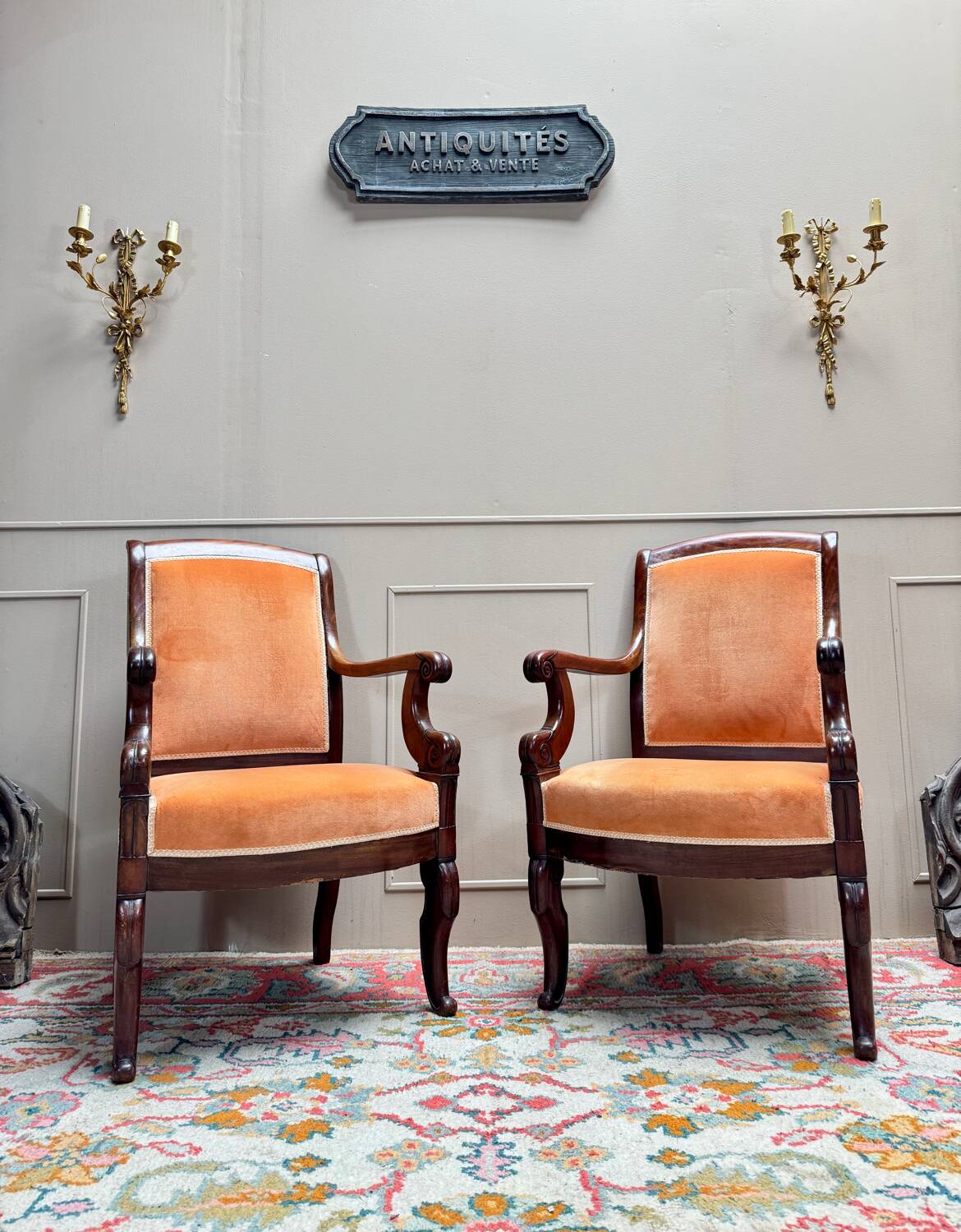 Pair of Solid Mahogany Armchairs from the 19th Century Restoration Period