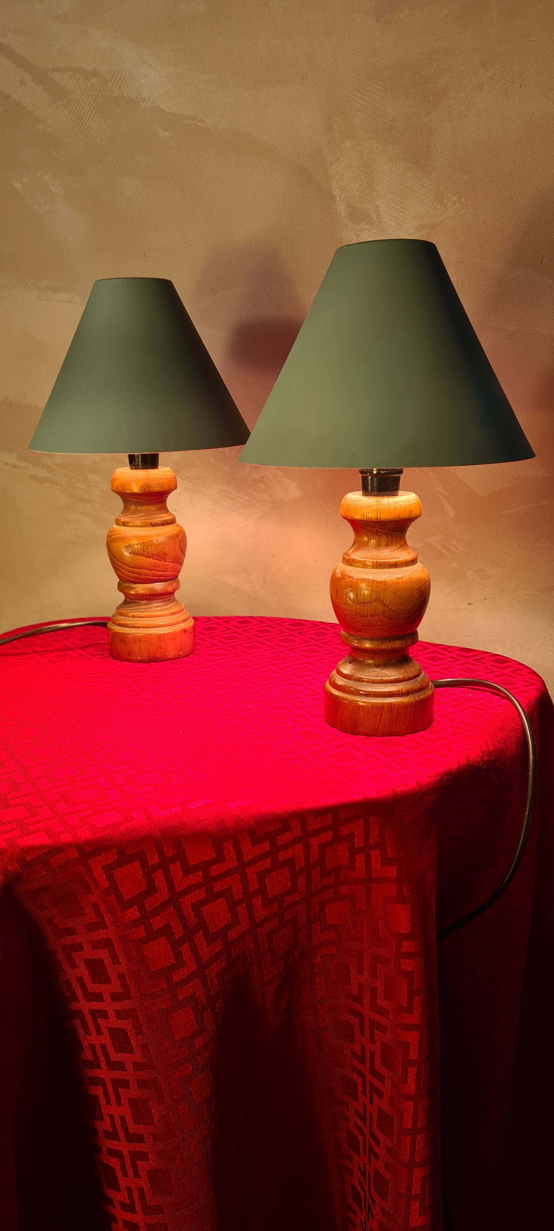 Pair of wooden bedside lamps with steel lampshades, scandinavian