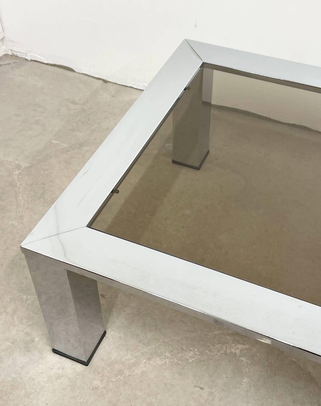 Rectangular coffee table in chromed metal and smoked glass, circa 1970