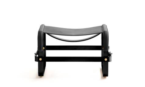 Black smoked steel and black leather footrest, contemporary style.