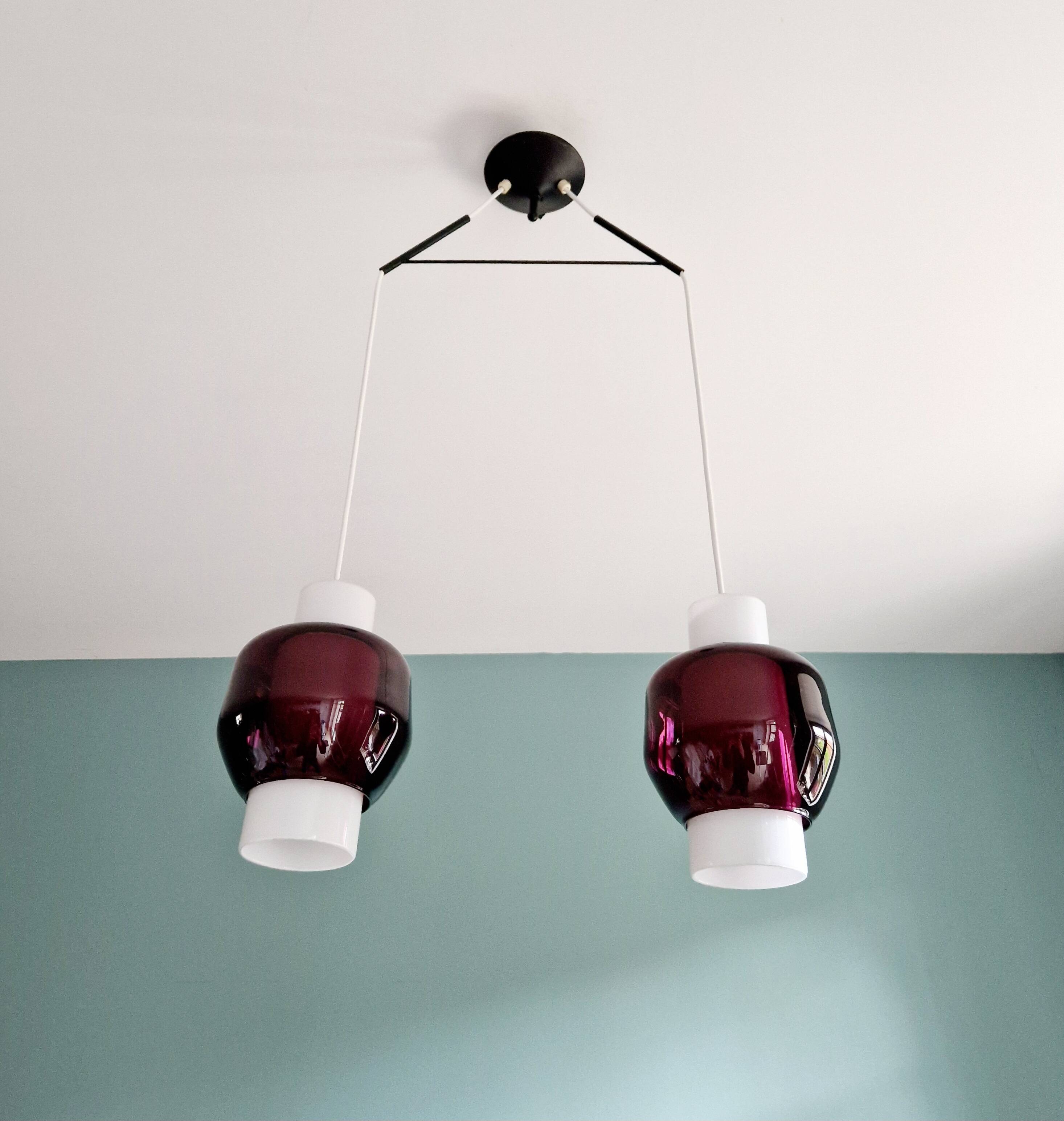 Scandinavian double pendant light in white opaline and amethyst glass, 1960s