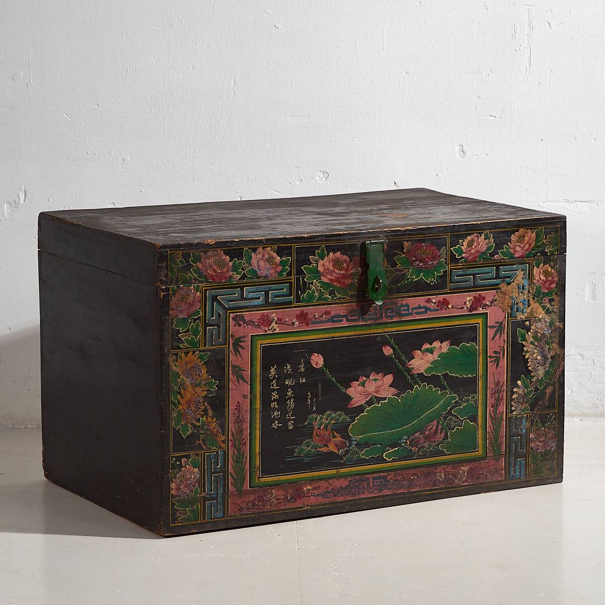Antique oriental trunk with lotus flower paintings (c.1900)