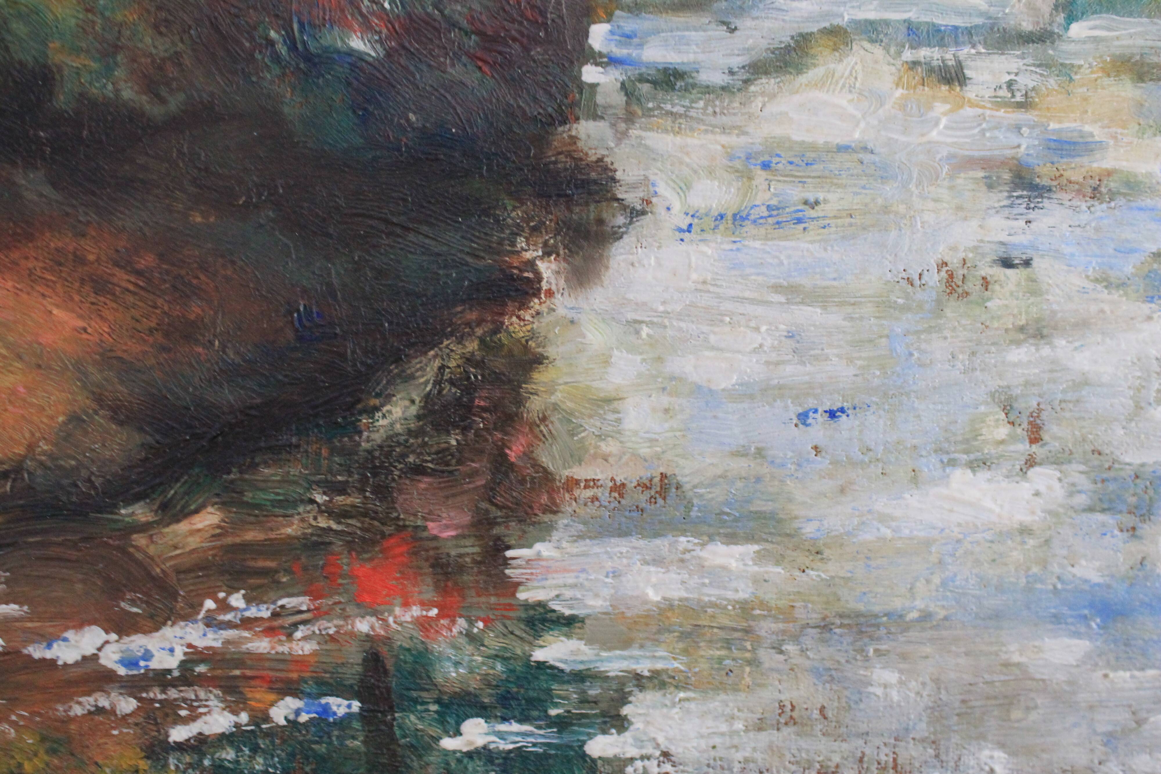 Oil on canvas "Landscape with Bridge" early 20th century