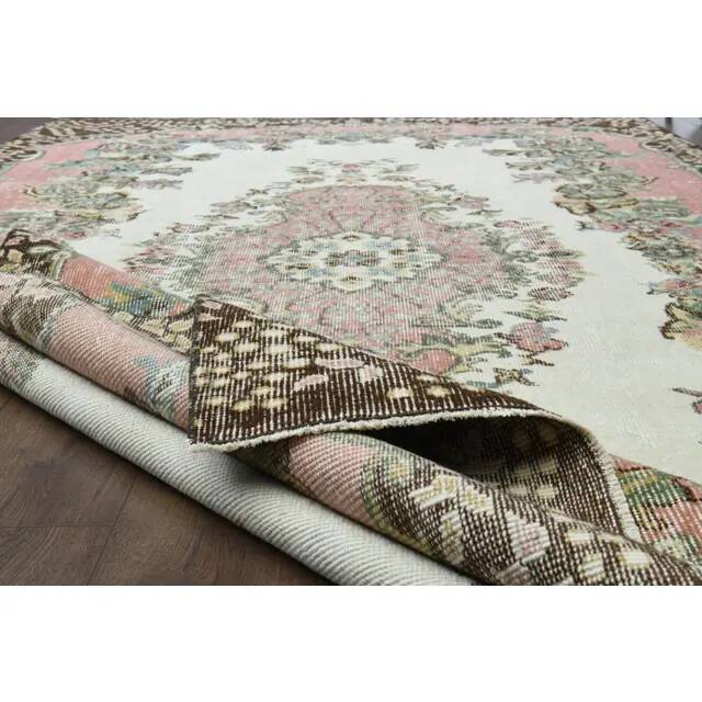 1970s Vintage Turkish Oushak Handmade Wool Cotton Beige Area Rug 179x311
