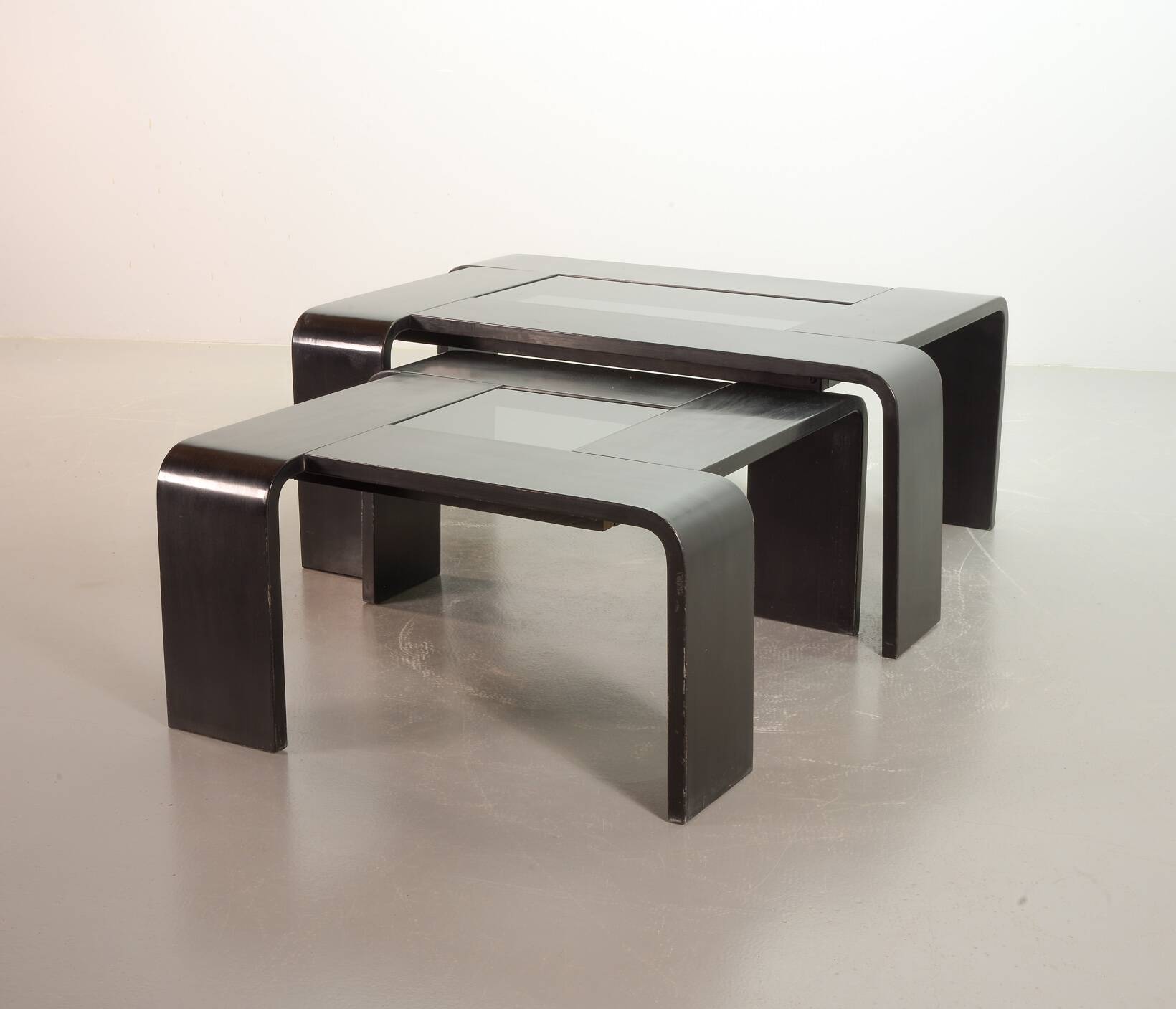 Square Black Lacquered Plywood Coffee Table with Smoked Glass Panel, 1970s