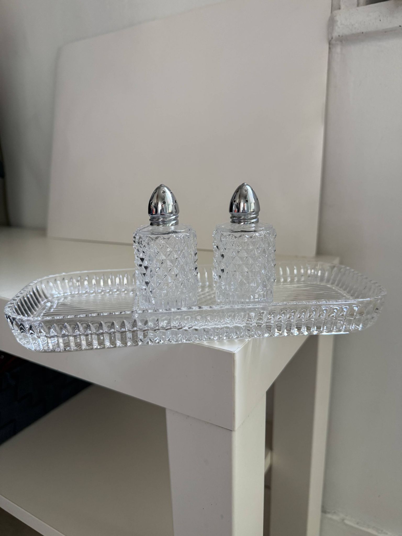 Tray with crystal salt and pepper shakers