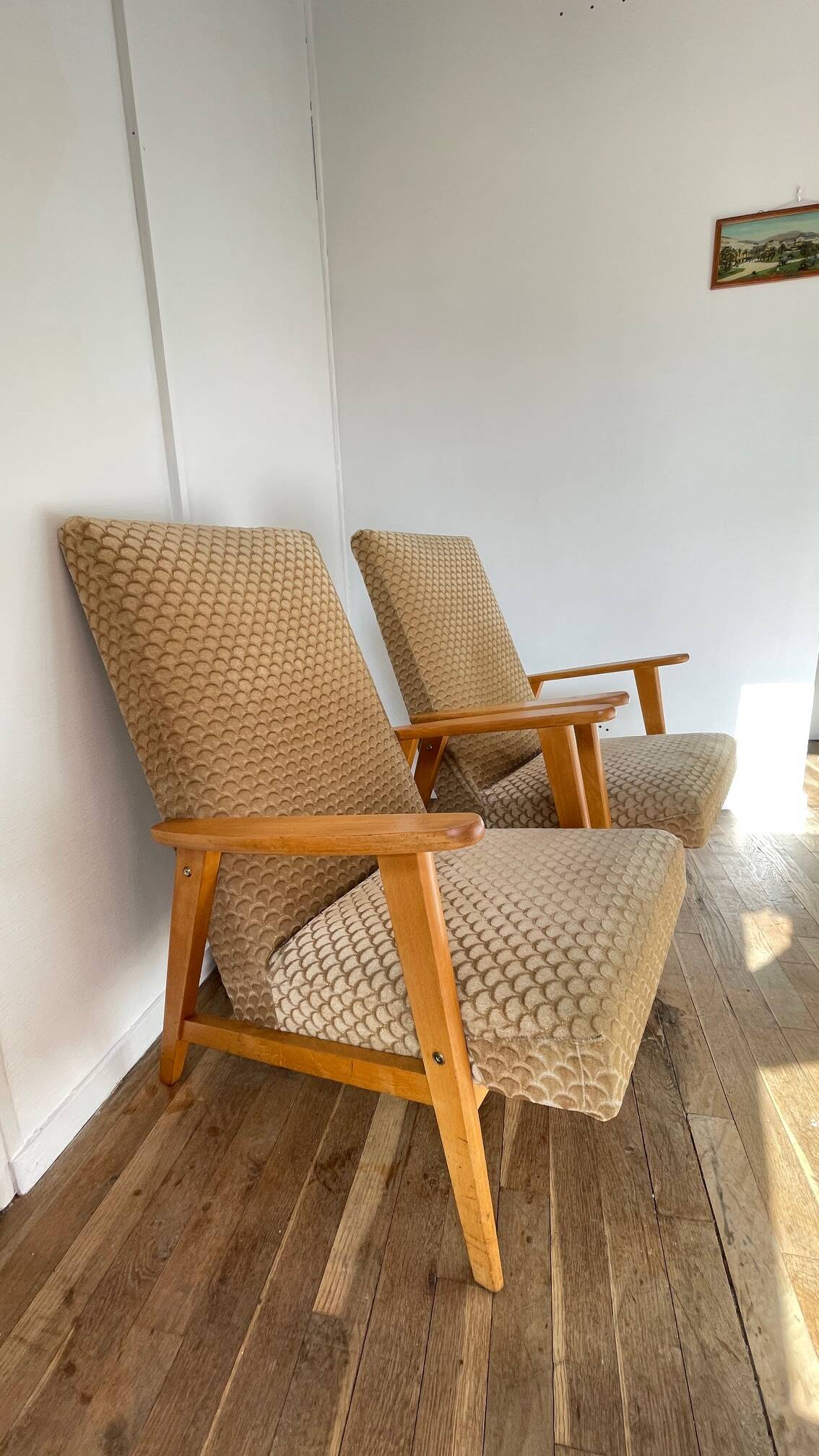 Pair of Manucere armchairs with vintage compass legs