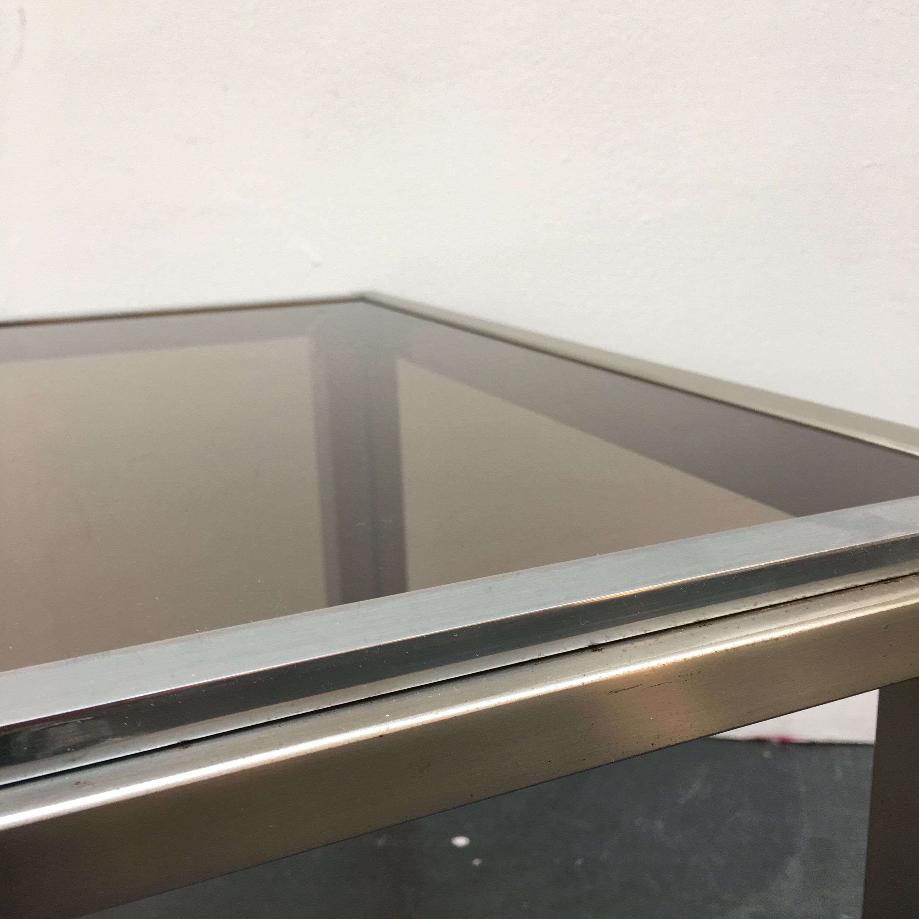 70s coffee table in chrome and smoked glass