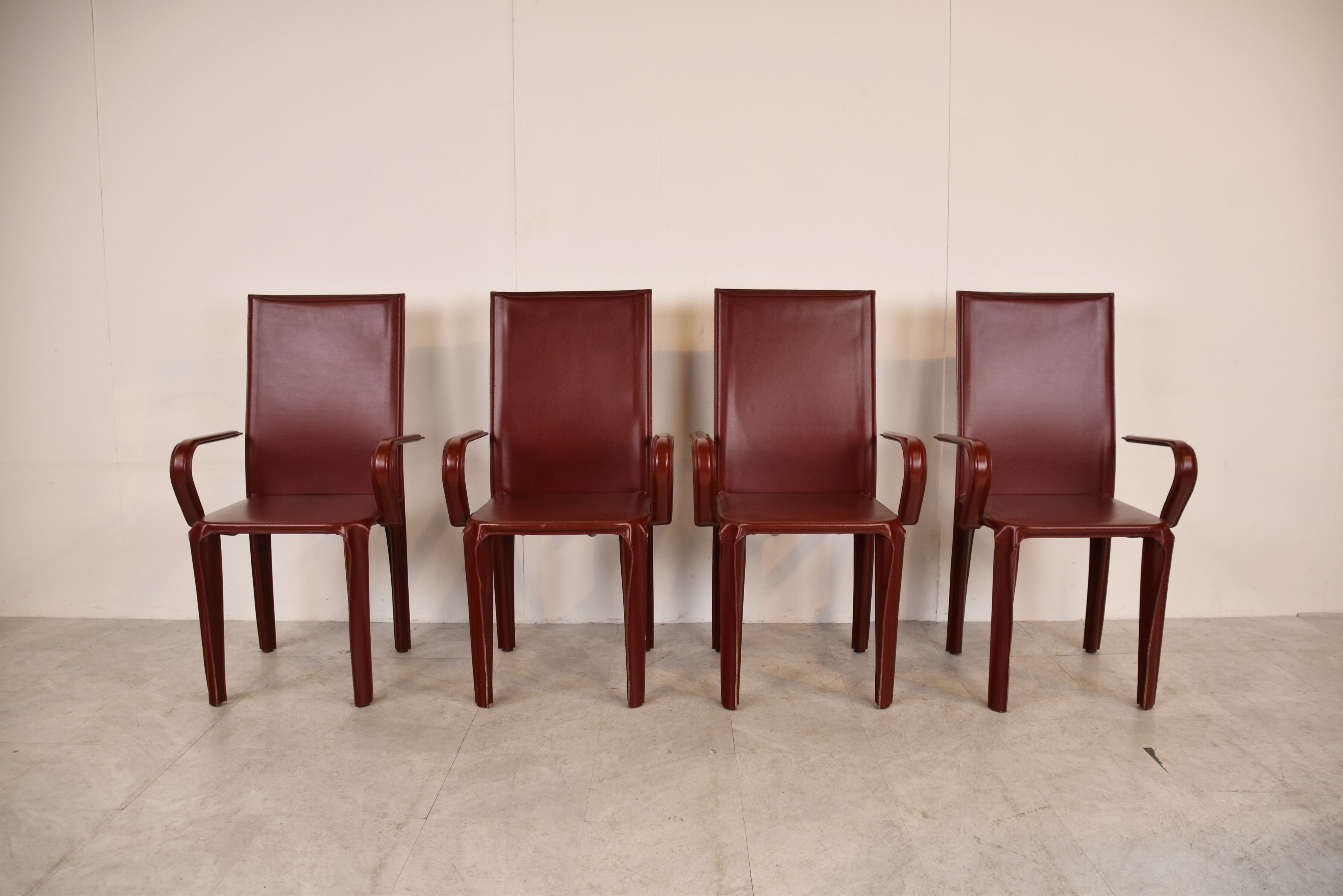 4 red leather dining chairs by Arper italy, 1980s