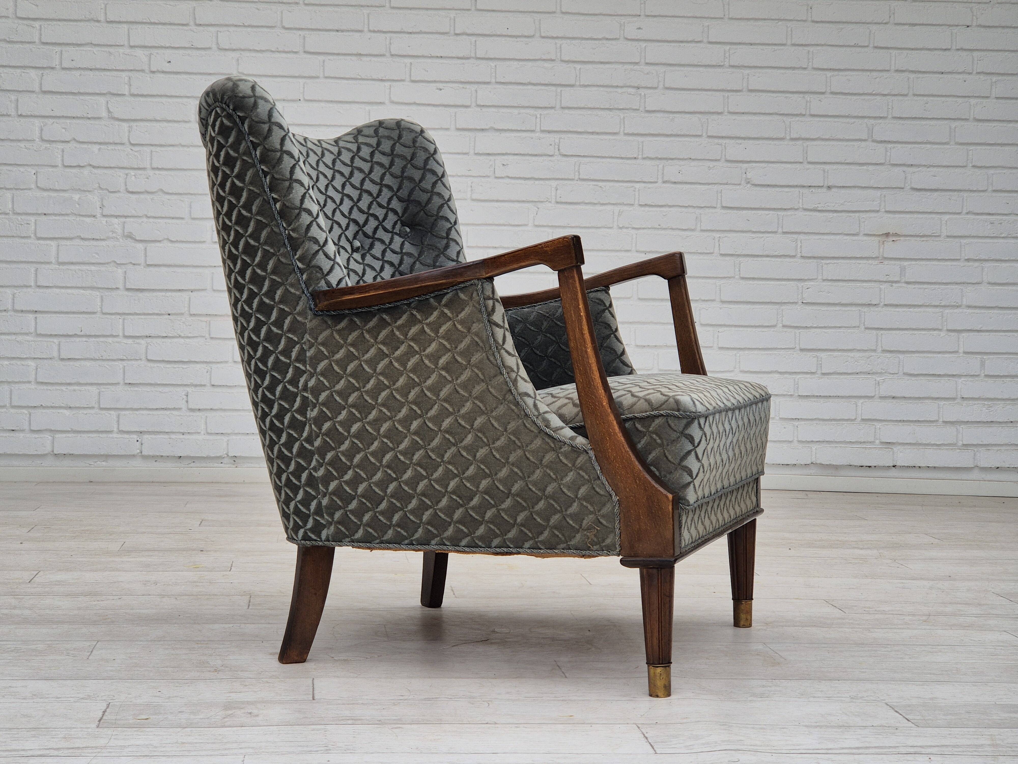 1960s, Danish armchair, original very good condition, furniture velour, beech wood,