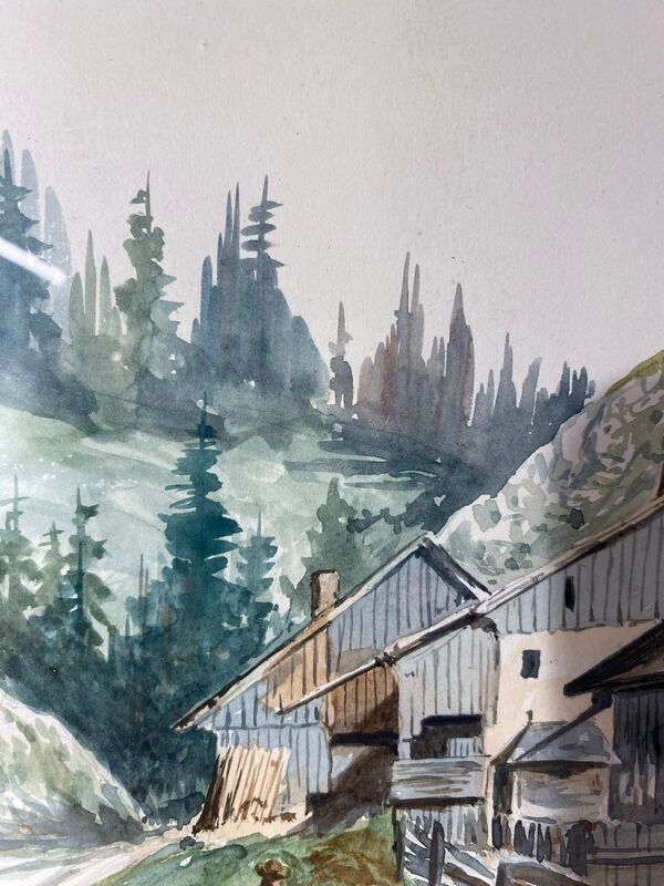 Tableau ancien, paysage de Montagne dans le Jura, XIX siècle