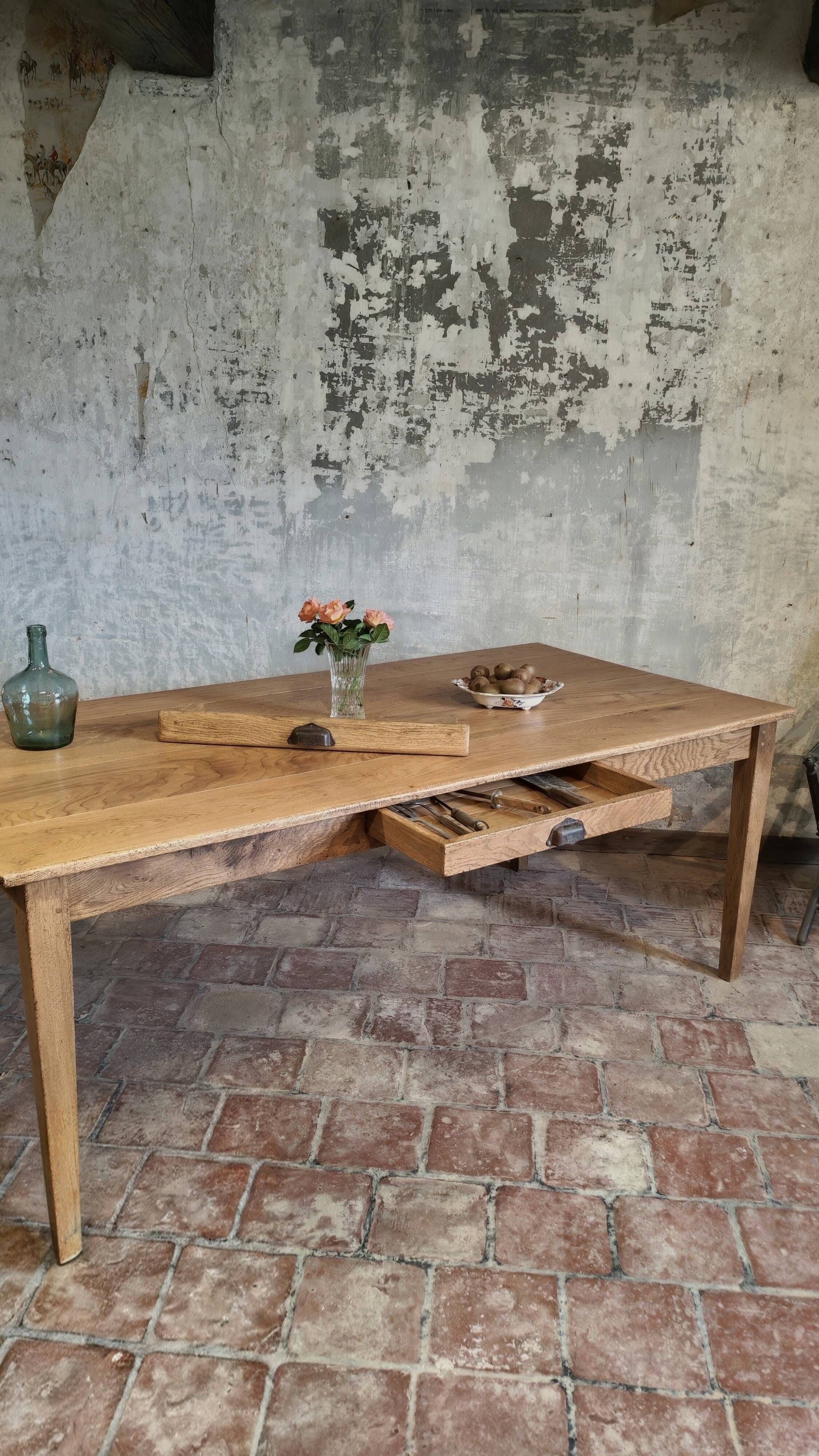 Solid oak farmhouse table "raw" 247x89, "chocolate oak" top
