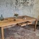 Solid oak farmhouse table "raw" 247x89, "chocolate oak" top